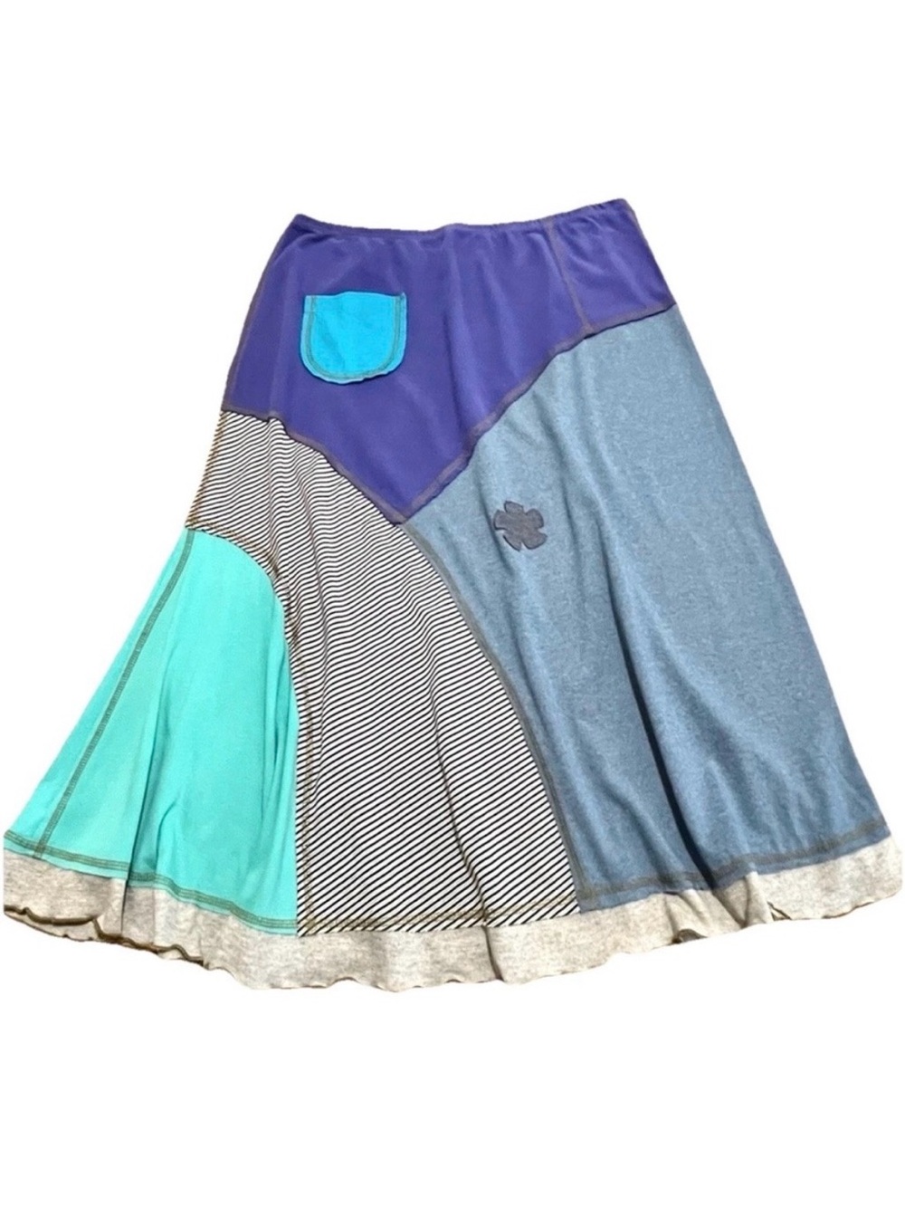 ELISABETHAN Patchwork Upcycled Skirt - Recycled Handmade blue knit cotton